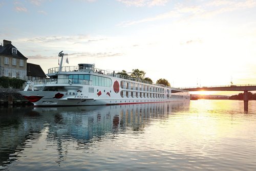 Flusskreuzfahrtschiff A-ROSA VIVA am Ufer bei Sonnenuntergang mit Brücke im Hintergrund.
