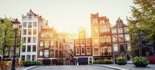 Blick auf Amsterdams historische Gebäude bei Sonnenuntergang. Im Vordergrund ist ein gepflasterter Weg umgeben von Bäumen, Blumentöpfen, einer Laterne und Sitzmöglichkeiten unter klarem Himmel.
