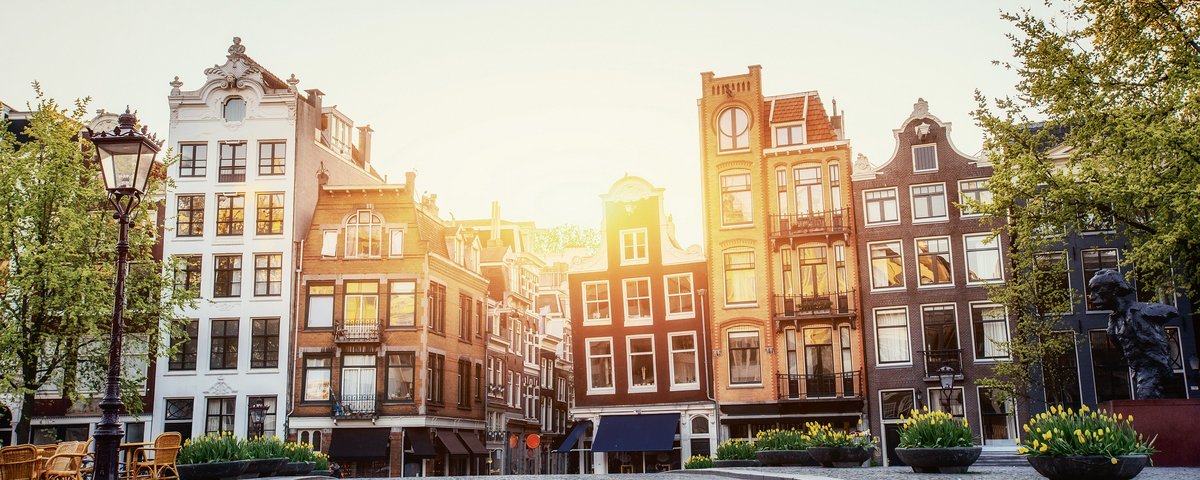 Blick auf Amsterdams historische Gebäude bei Sonnenuntergang. Im Vordergrund ist ein gepflasterter Weg umgeben von Bäumen, Blumentöpfen, einer Laterne und Sitzmöglichkeiten unter klarem Himmel.