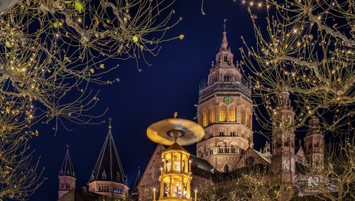 Blick auf den beleuchteten Mainzer Dom bei Nacht, davor die Spitze einer Weihnachtspyramide. Im Vordergrund kahle Bäume, die mit Lichterketten geschmückt sind.