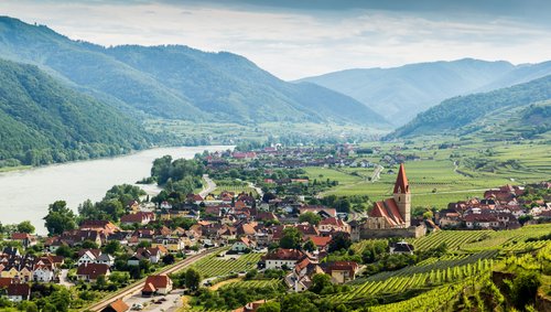 Blick auf ein Dorf in der Wachau mit der Donau, umgeben von grünen Hügeln und Weinbergen, unter bewölktem Himmel.