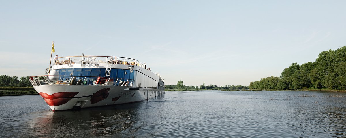 Die A-ROSA STELLA mit rotem Kussmund und Rose am Bug fährt auf einem breiten Abschnitt der Rhône umgeben von grünen Ufern, bei klarem Himmel.