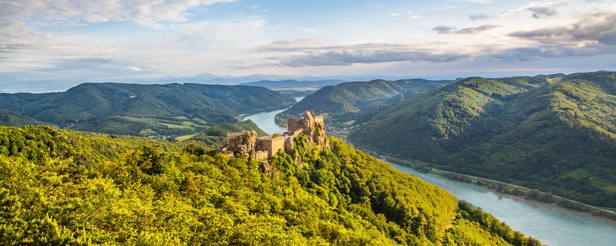 Blick auf die Ruine einer Burg in der grünen Hügellandschaft der Wachau mit der Donau im Hintergrund unter einem bewölkten Himmel
