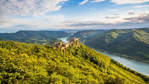 Blick auf die Ruine einer Burg in der grünen Hügellandschaft der Wachau mit der Donau im Hintergrund unter einem bewölkten Himmel