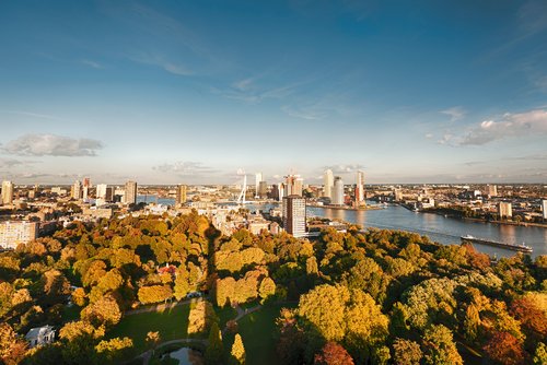 Panoramaansicht von Rotterdam mit modernen Hochhäusern unter klaem Himmel, einem Park im Vordergrund und dem Fluss mit einem Schiff.