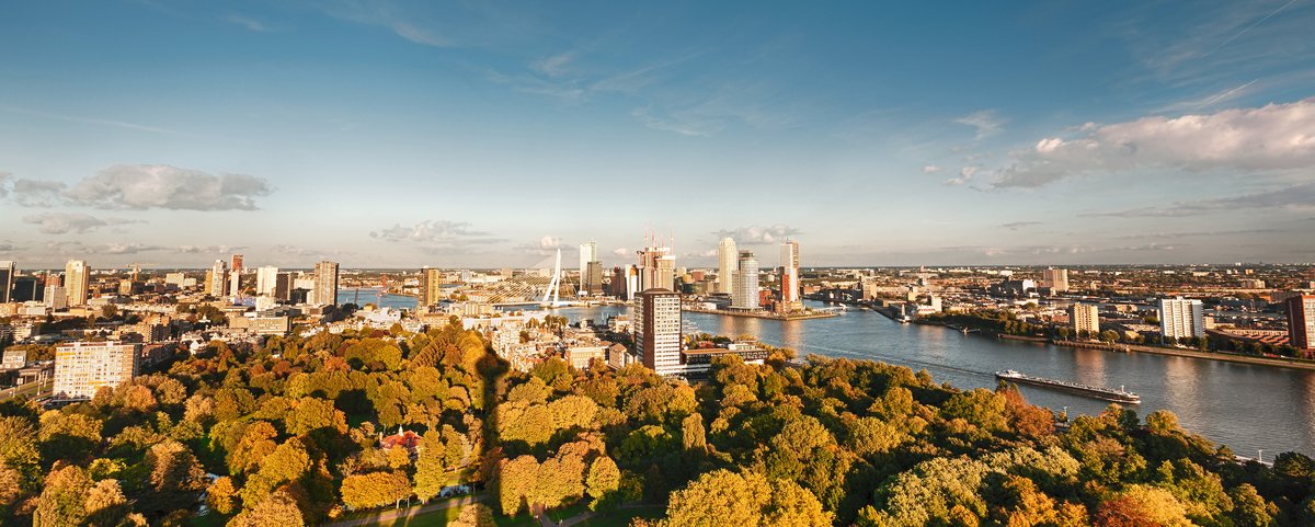 Panoramaansicht von Rotterdam mit modernen Hochhäusern unter klaem Himmel, einem Park im Vordergrund und dem Fluss mit einem Schiff.