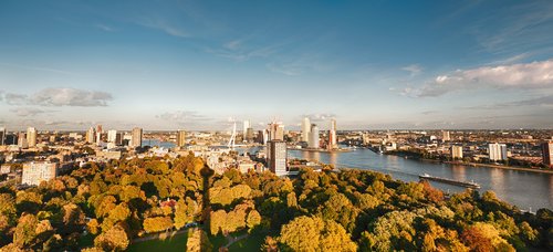 Panoramaansicht von Rotterdam mit modernen Hochhäusern unter klaem Himmel, einem Park im Vordergrund und dem Fluss mit einem Schiff.