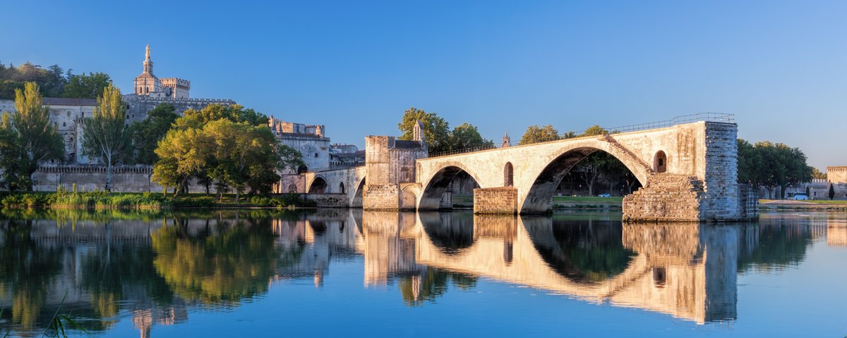 Avignon mit der berühmten Brücke Pont Saint-Bénézet über die Rhône, umgeben von historischen Gebäuden und üppigem Grün.