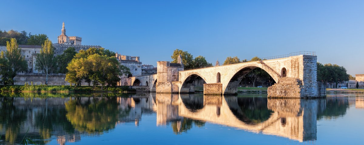 Avignon mit der berühmten Brücke Pont Saint-Bénézet über die Rhône, umgeben von historischen Gebäuden und üppigem Grün.