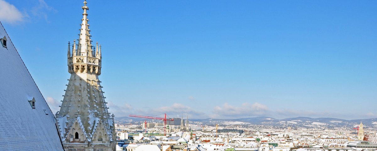 Blick über Wien mit verschneiten Dächern und dem gotischen Turm des Stephansdoms bei klarem Himmel