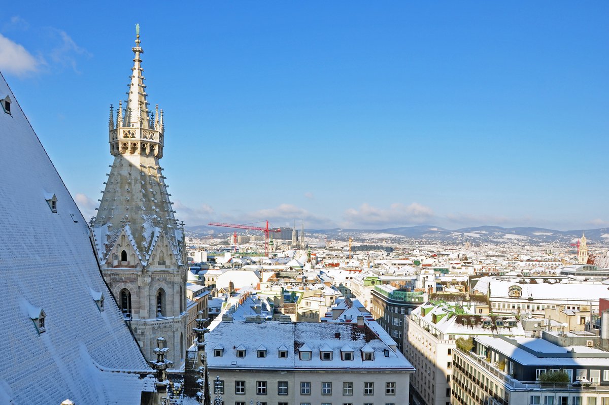Blick über Wien mit verschneiten Dächern und dem gotischen Turm des Stephansdoms bei klarem Himmel