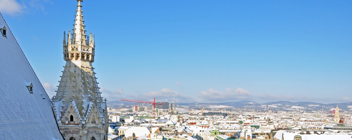 Blick über Wien mit verschneiten Dächern und dem gotischen Turm des Stephansdoms bei klarem Himmel