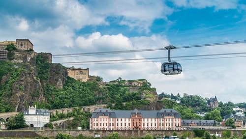Seilbahn überquert den Rhein in Koblenz, mit Blick auf die Festung Ehrenbreitstein und die umliegende Stadtlandschaft.