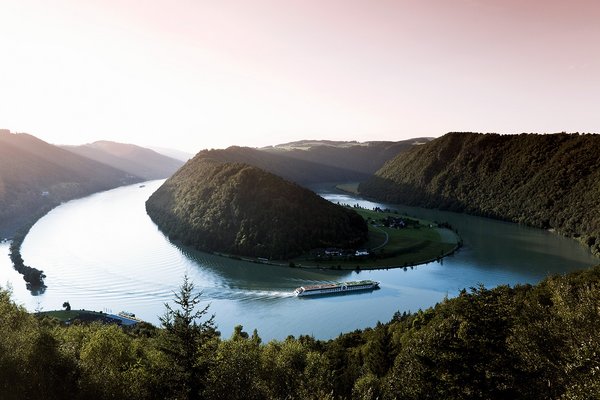 Ein Flusskreuzfahrtschiff der A-ROSA Flotte auf der Donau entlang der Schlögener Schlinge. Panoramaaufnahme mit Blick auf die angrenzende Hügellandschaft bei Sonnenaufgang.