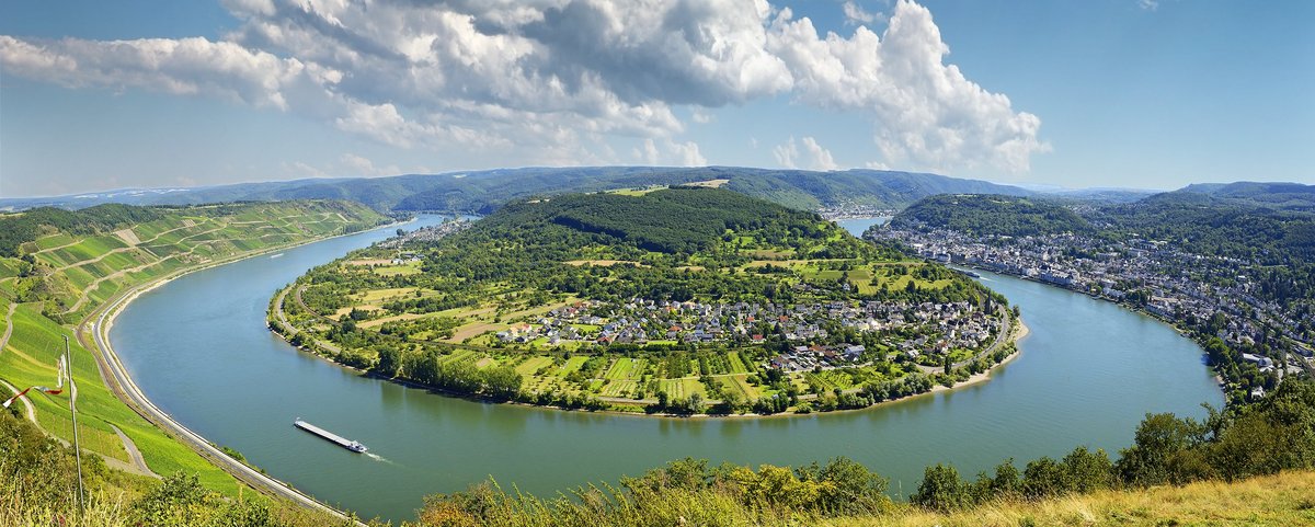 Blick auf die Stadt Boppard am Rhein mit historischen Gebäuden, umgeben von grünen Hügeln und dem Fluss im Vordergrund.
