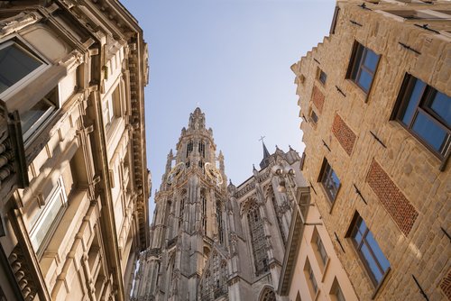 Historische Gebäude und Kirchturm in Antwerpen unter blauem Himmel