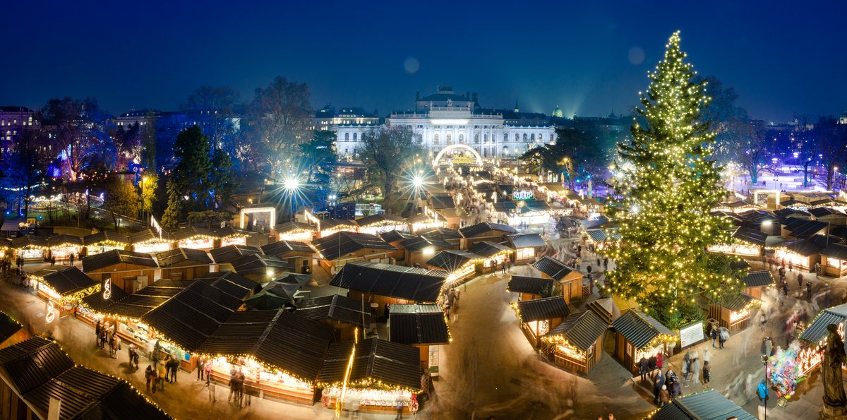 Blick auf den Wiener Weihnachtsmarkt bei Nacht. Im Hintergrund sind historische Gebäude, im Vordergrund sind Weihnachtsmarkthütten und ein festlich beleuchteter Tannenbaum.