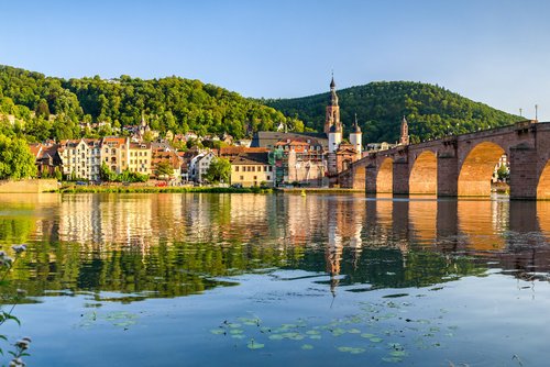 Panoramablick auf den Neckar mit der Stadt Heidelberg am Ufer, umgeben von bewachsener Hügellandschaft. Eine Brücke führt über den Fluss bei Sonnenschein.