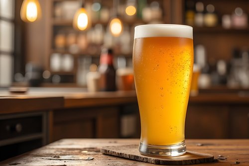 Ein Glas Bier mit Schaumkrone steht auf einem Holztisch, umgeben von unscharfen grünen Blättern im Hintergrund.