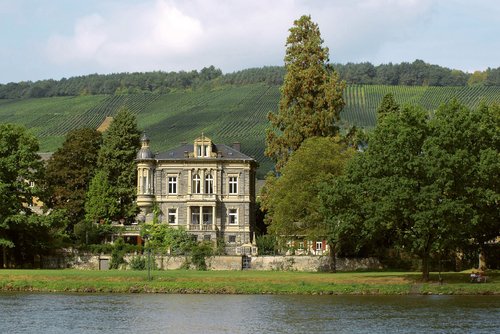 Blick über den Fluss auf das Weingut Thanisch in Bernkastel-Kues, umgeben von Weinbergen und Bäumen.